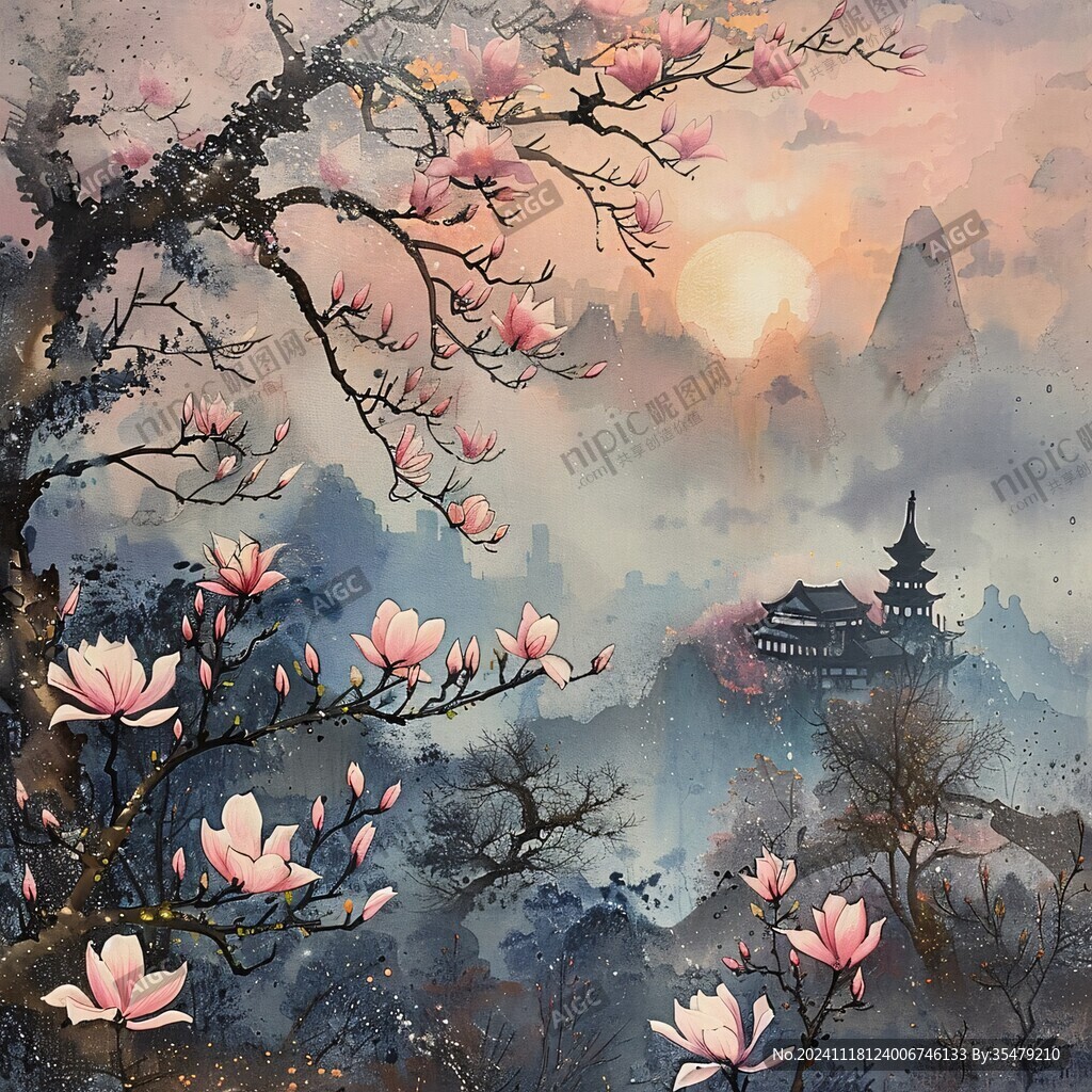 插畫橫店水彩水墨山水