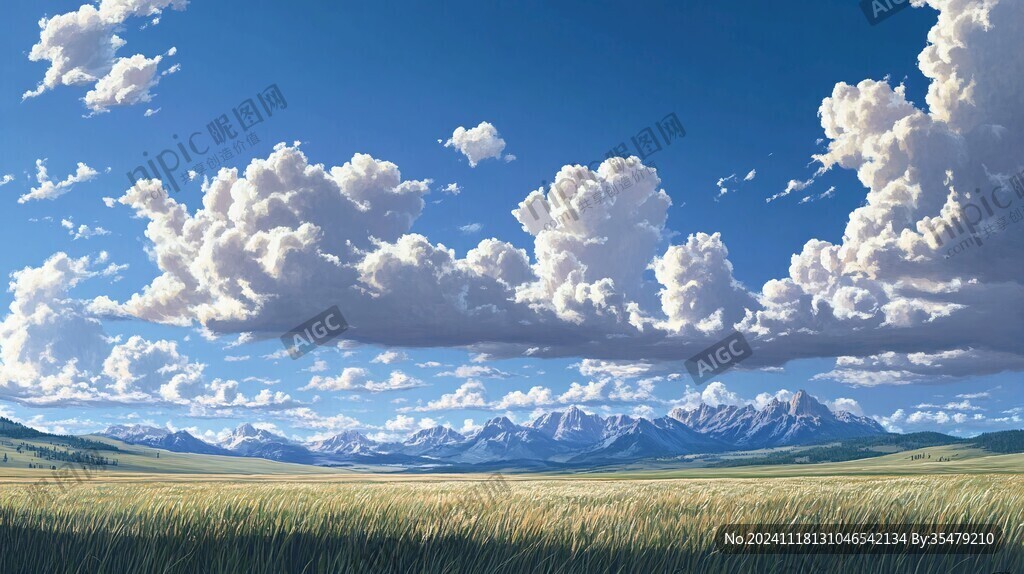 藍(lán)天白云山脈草地背景