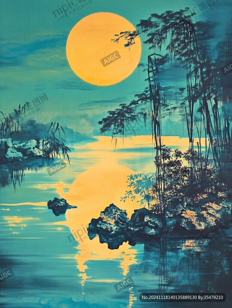 月夜蘆葦蕩禪意裝飾畫