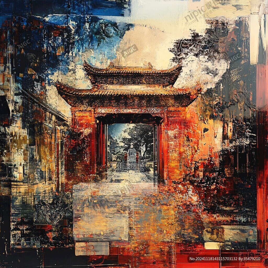 中式建筑風景油畫