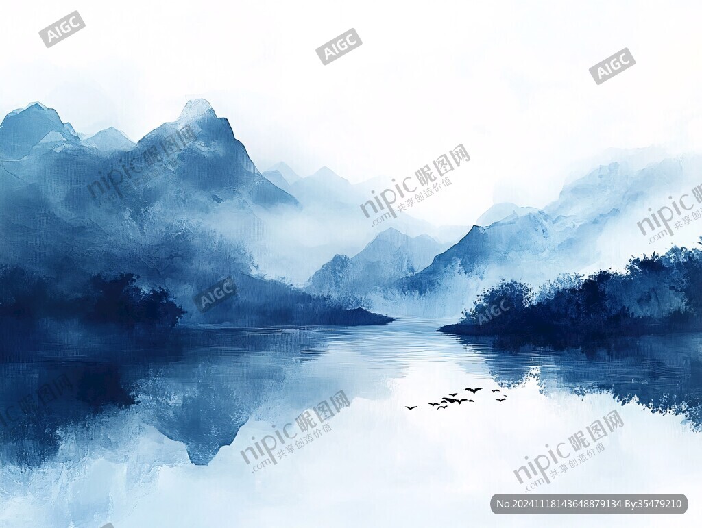 煙墨意境山水水彩畫