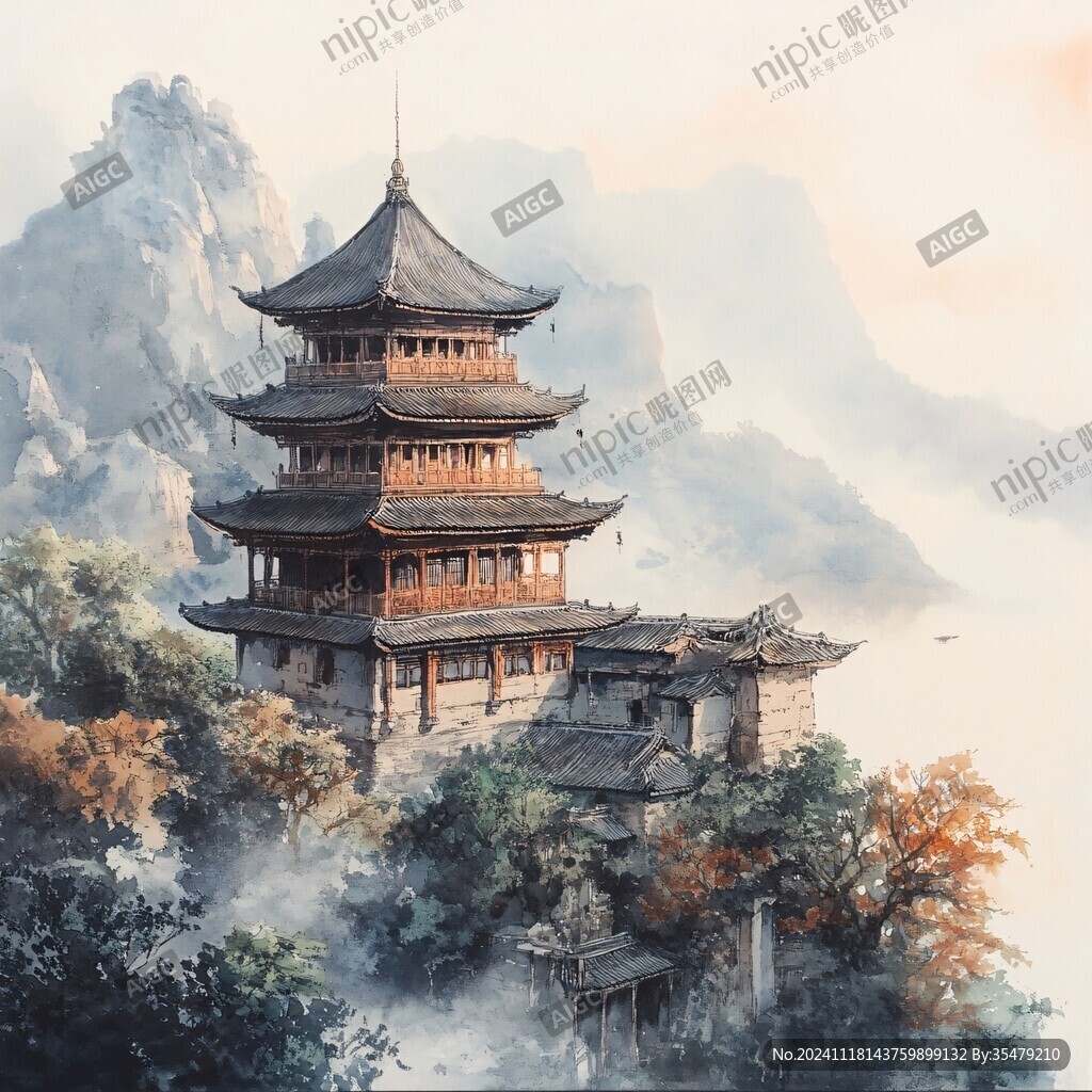 插畫橫店水彩水墨山水