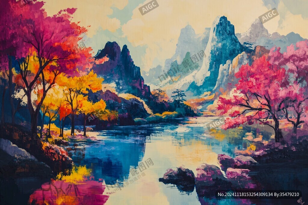 桃花風(fēng)景油畫