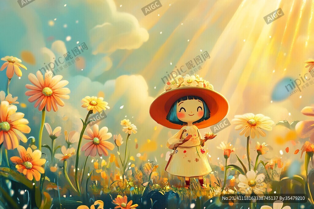 花叢女孩插畫