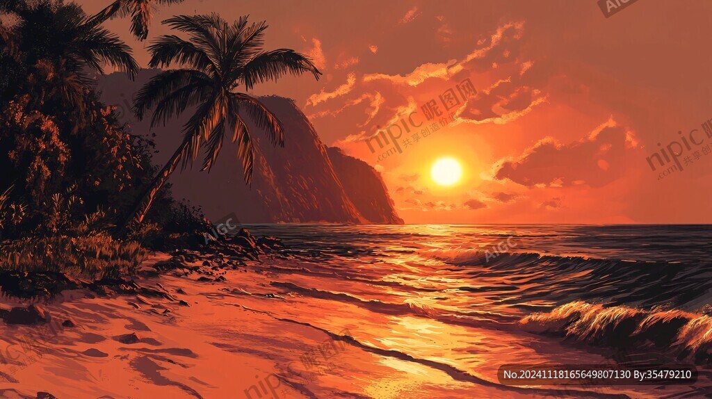 海邊落日插畫