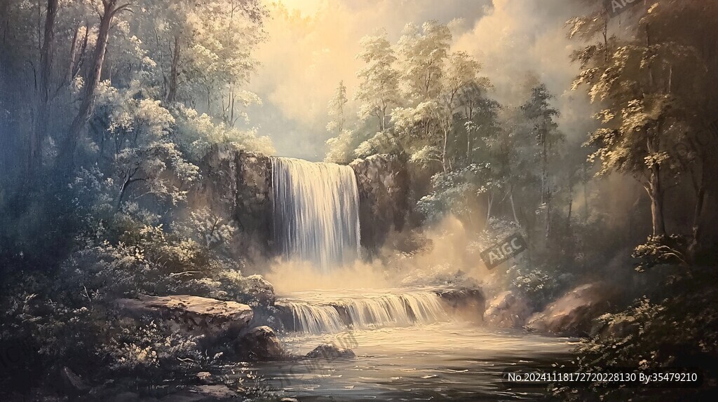 山水風(fēng)景油畫瀑布
