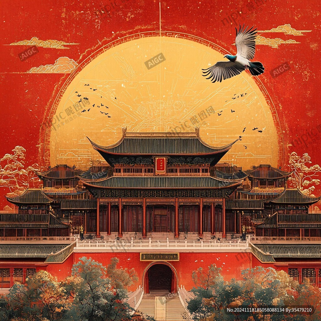 仙鶴樓閣復古瑞鶴圖