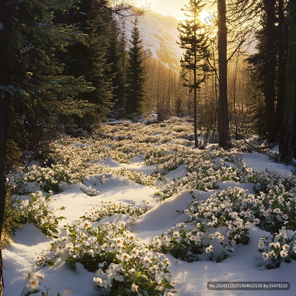 春季森林杜鵑花積雪