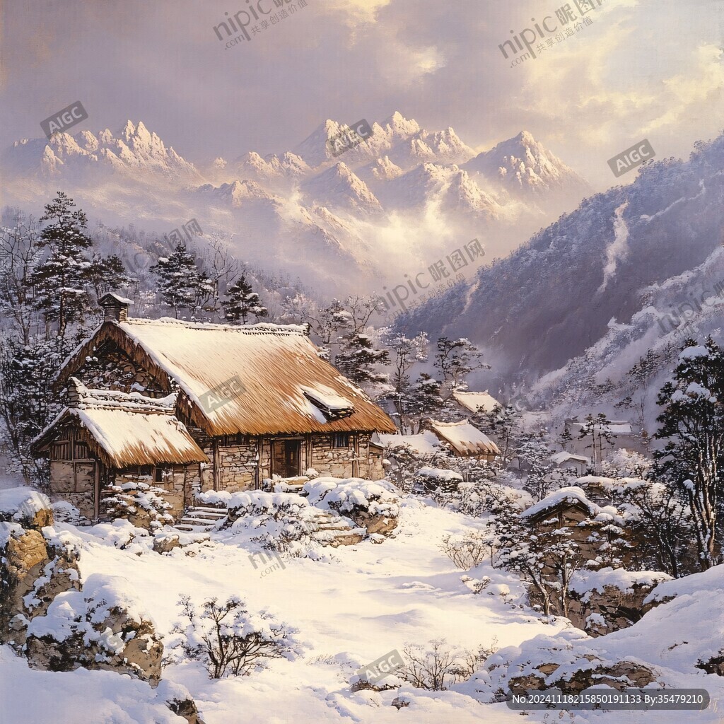 山村晚霞雪景