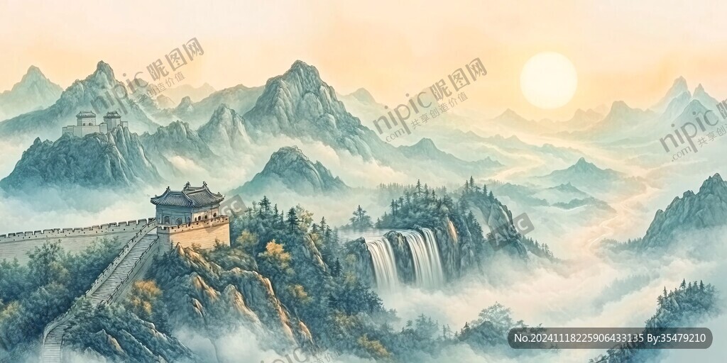 旭日東升樓閣山水畫