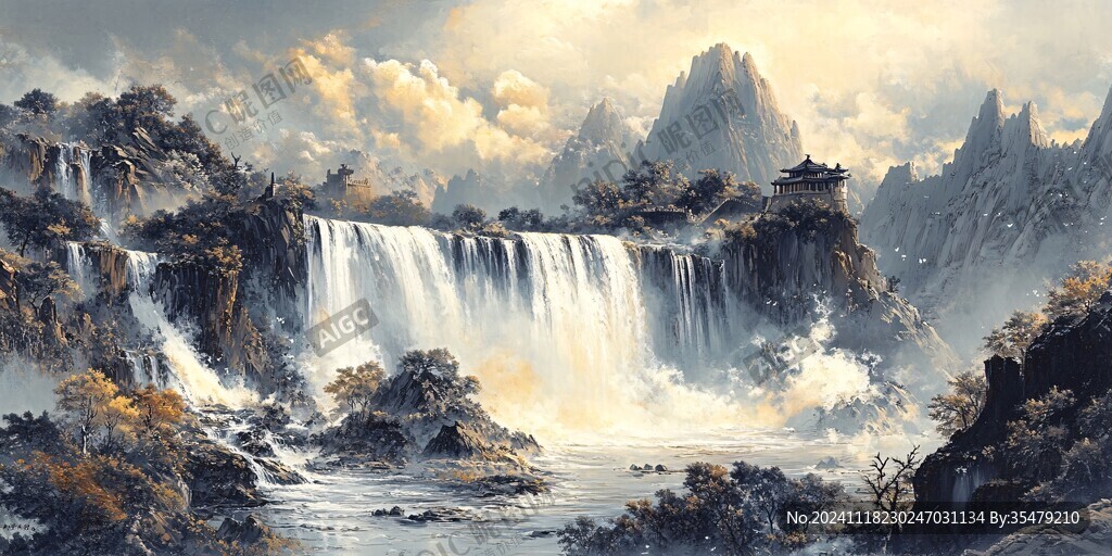 山水風(fēng)景油畫瀑布