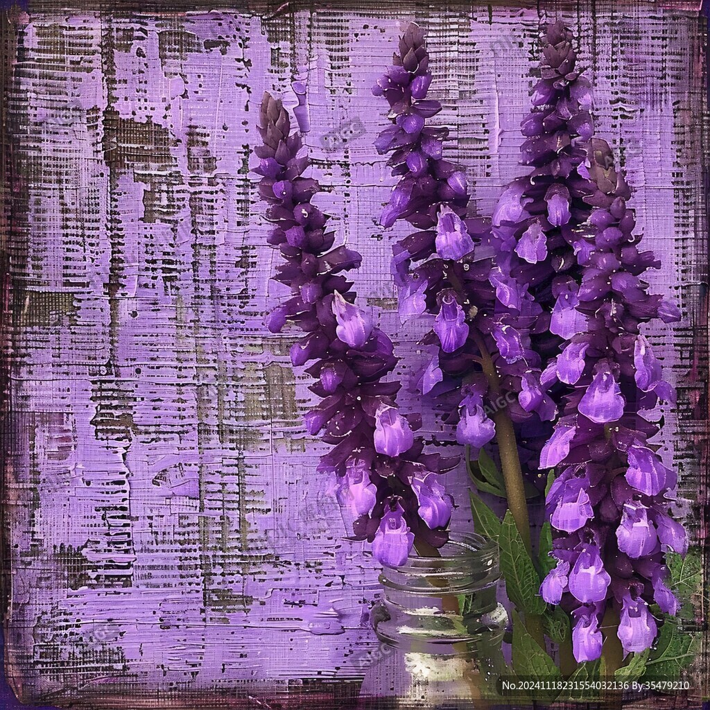 紫色花簇油畫