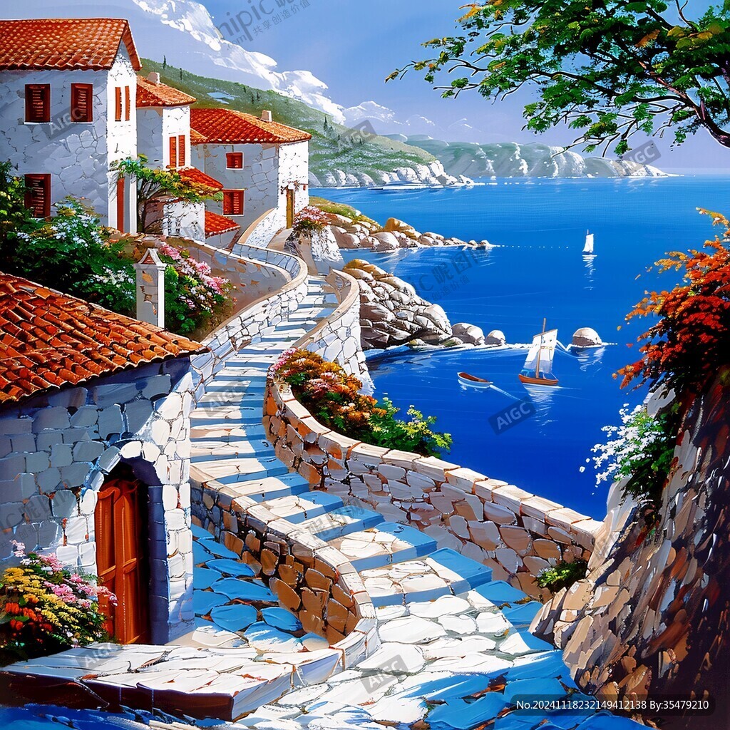 油畫地中海風(fēng)景畫