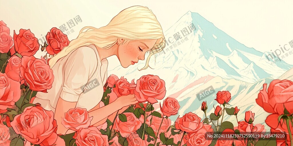 玫瑰花插畫(huà)女孩