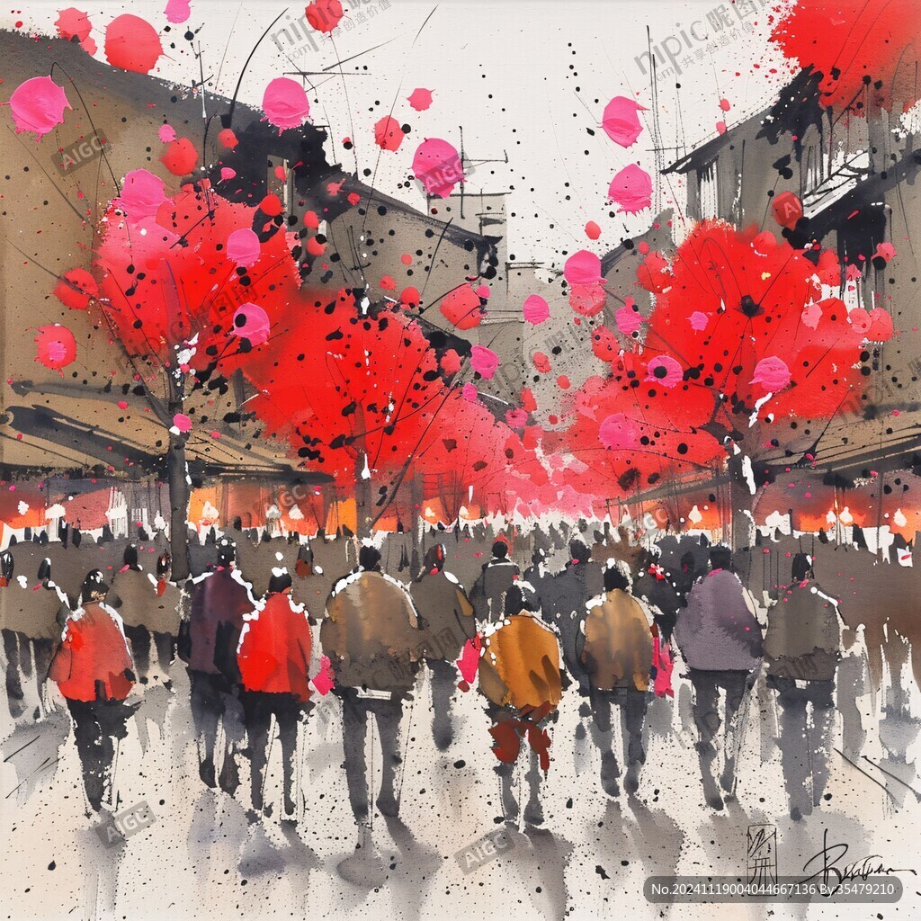 街道上熙熙攘攘的人群插畫