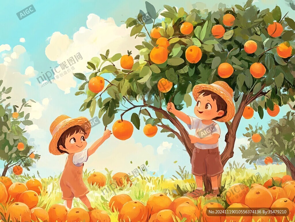 摘柑果手繪插畫
