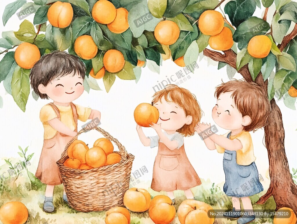 摘柑果手繪插畫