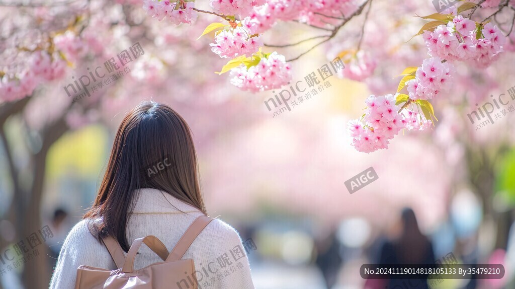 櫻花少女背影