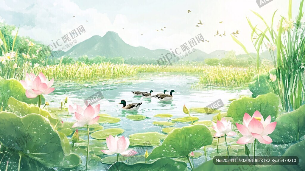 夏天荷塘插畫