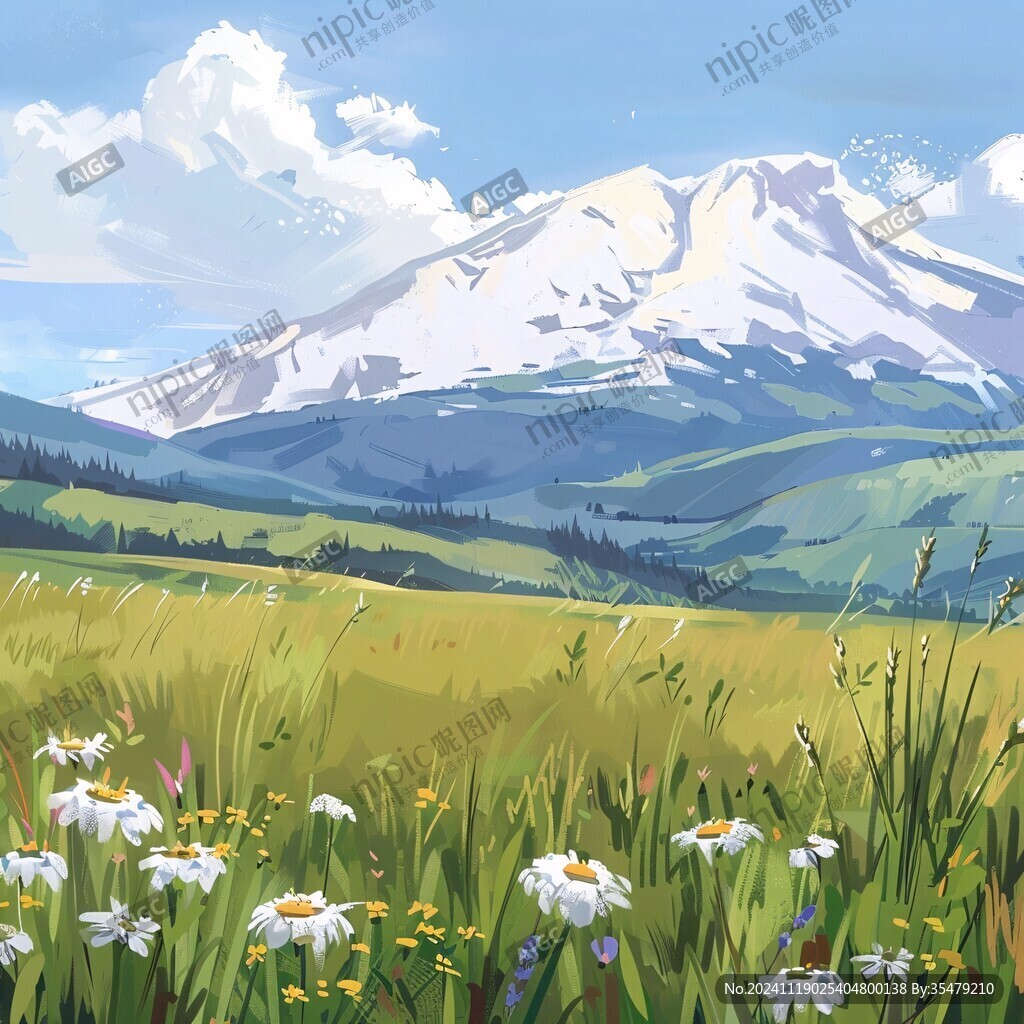 手繪草原草雪山