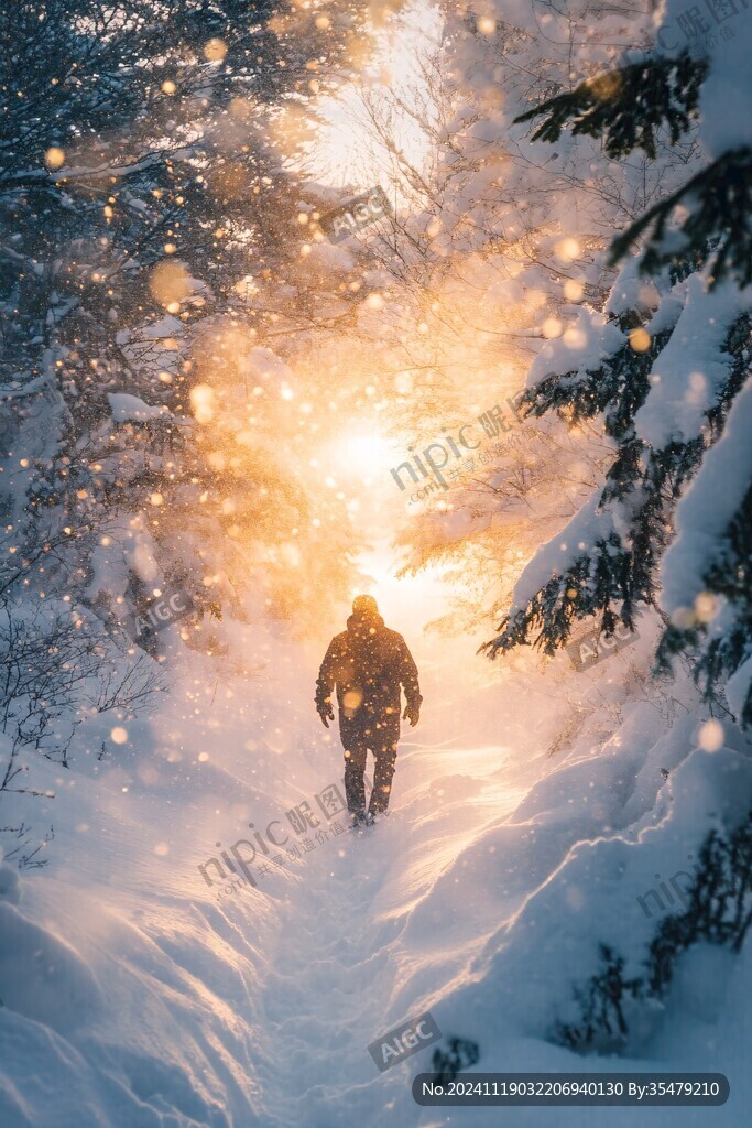 冬天森林夕陽雪景