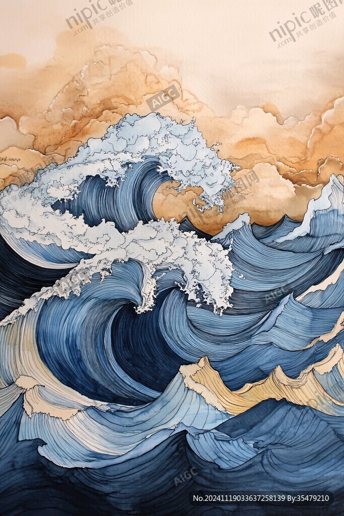 工筆手繪海浪