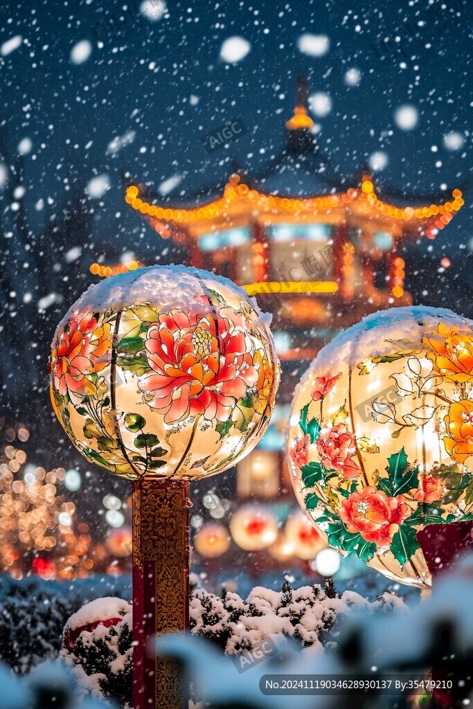 河園大雪建筑燈籠雪景