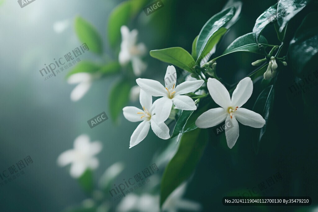 綠葉白花壁紙
