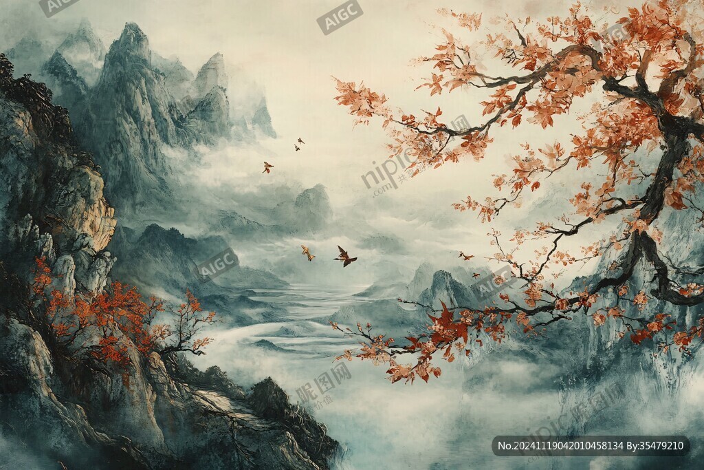 紅葉古風(fēng)山水畫
