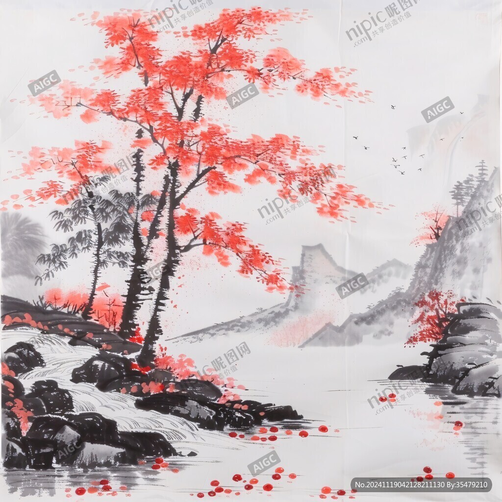 紅葉樹山水畫