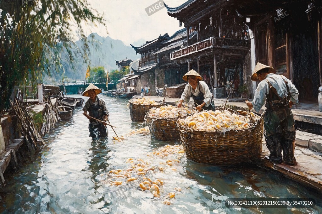 古代賣(mài)魚(yú)場(chǎng)景圖