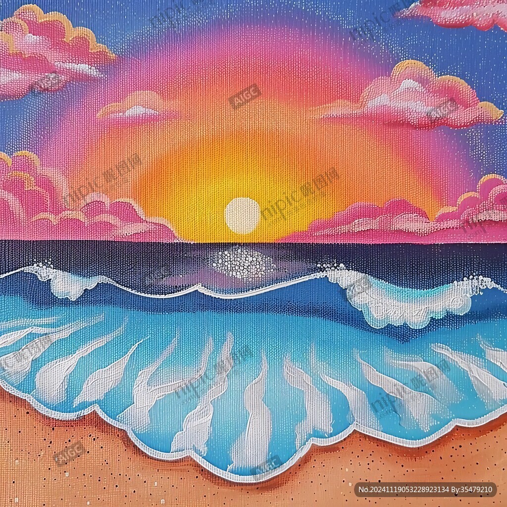 手繪海浪旭日東升