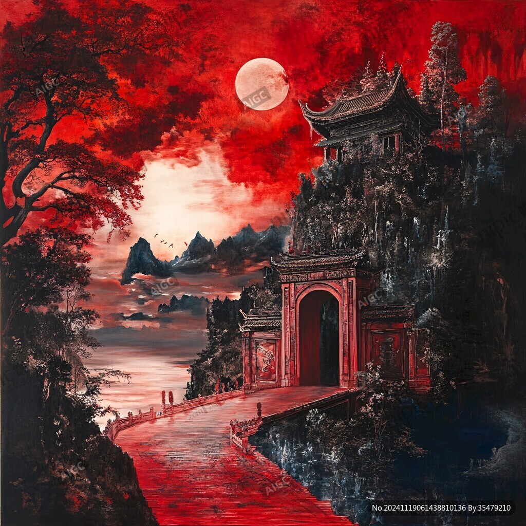 古風(fēng)亭臺(tái)樓閣油畫