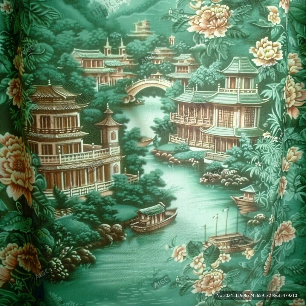 刺繡高端仙鶴樓閣復古