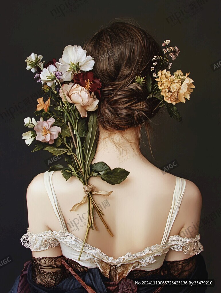 鮮花少女背影