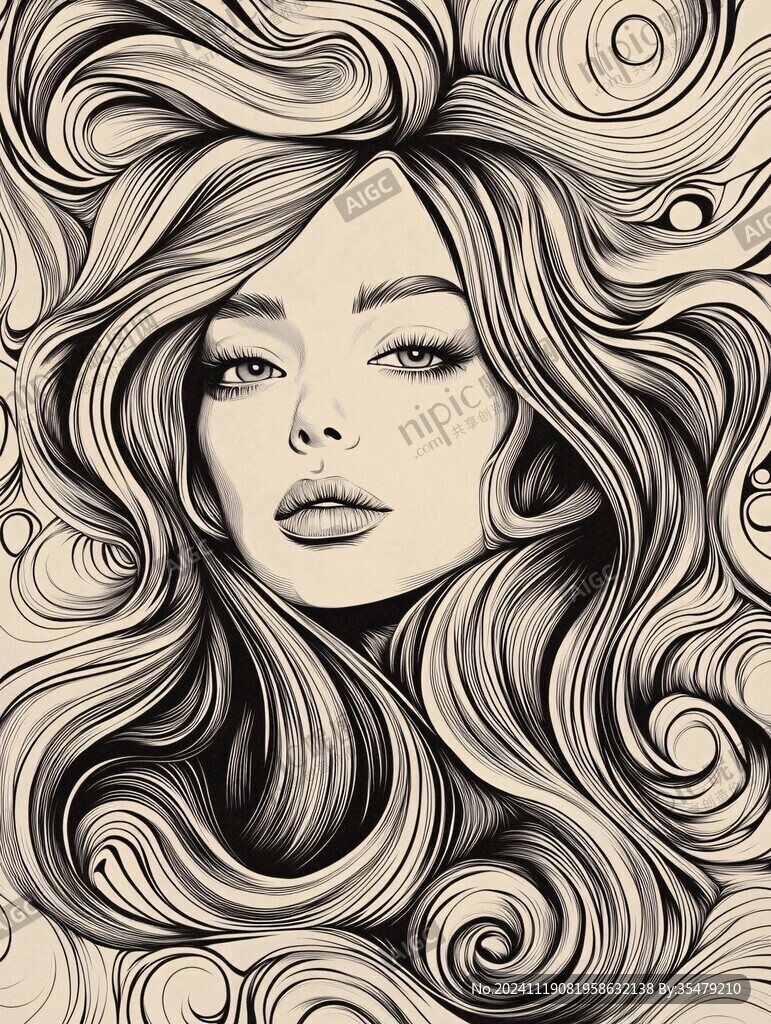 手繪長發美女