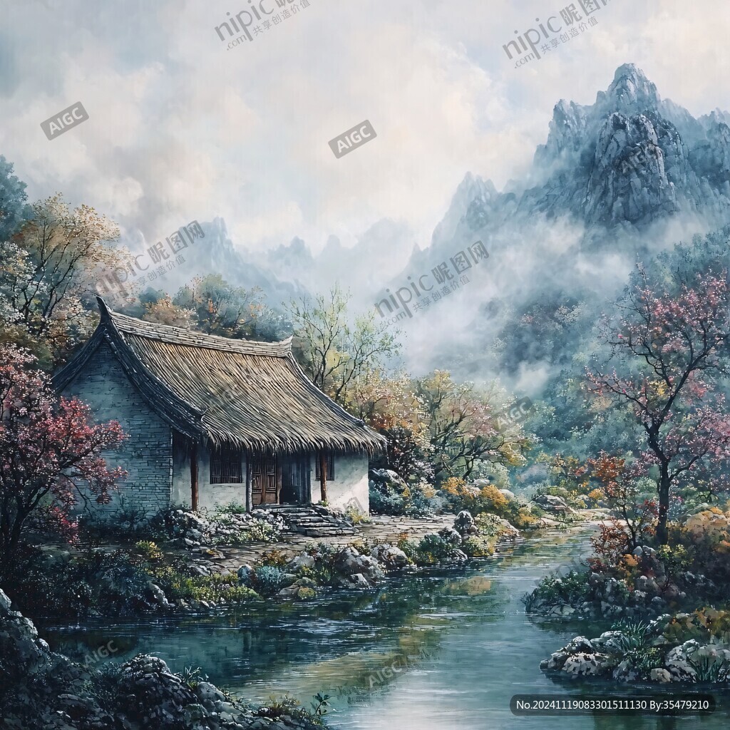 中式建筑風景油畫