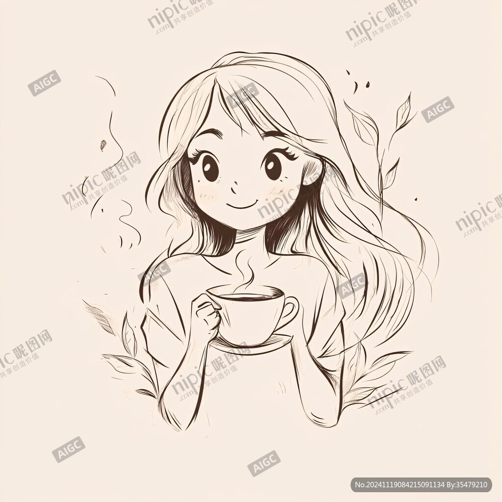 線稿美女煮茶