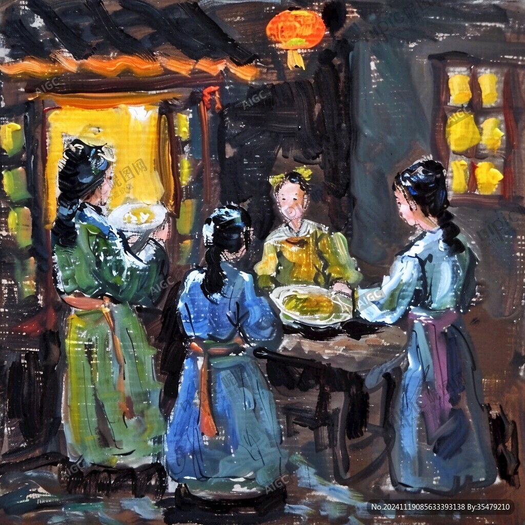 茶館場景油畫