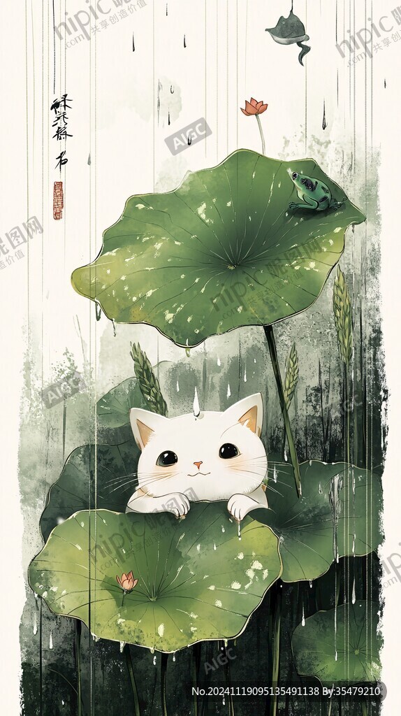 雨天傘下躲雨貓咪插畫