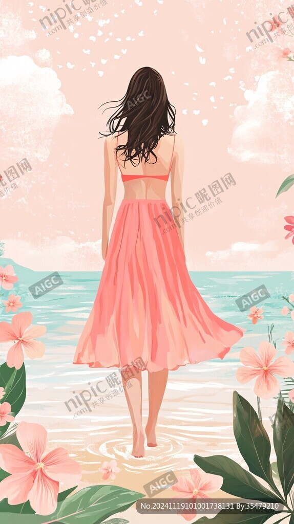夏天看海美女背影插畫