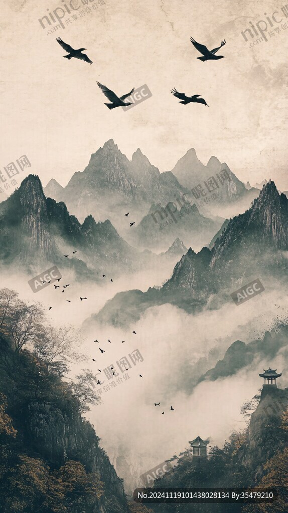 仙鶴樓閣古風(fēng)山水畫