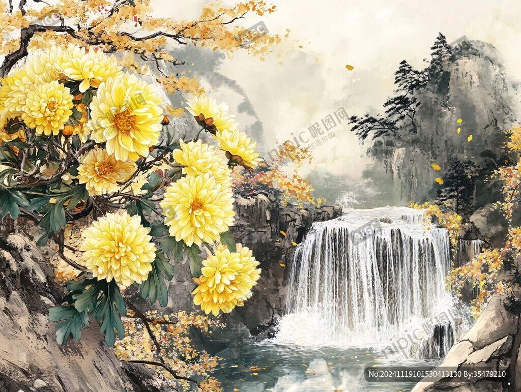 銀杏古典山水背景壁畫