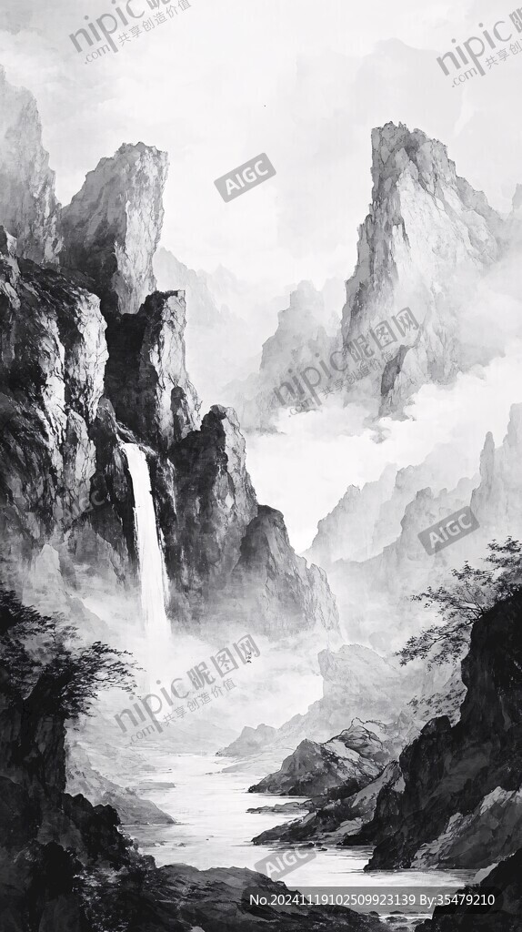 意境水墨山水瀑布