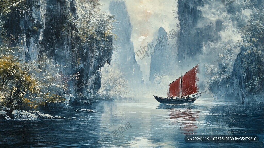 山峰漁船群山油畫壁畫