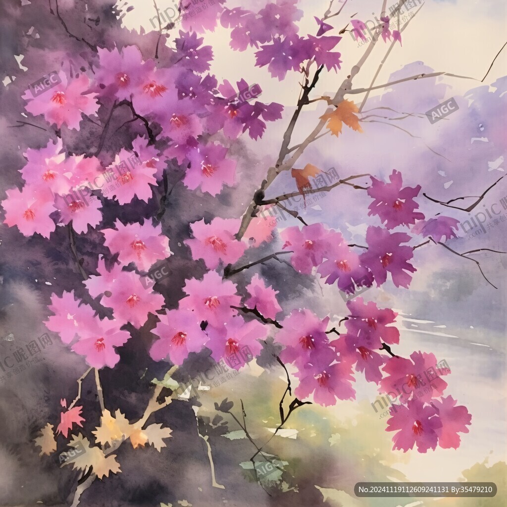 油畫春天紫荊花