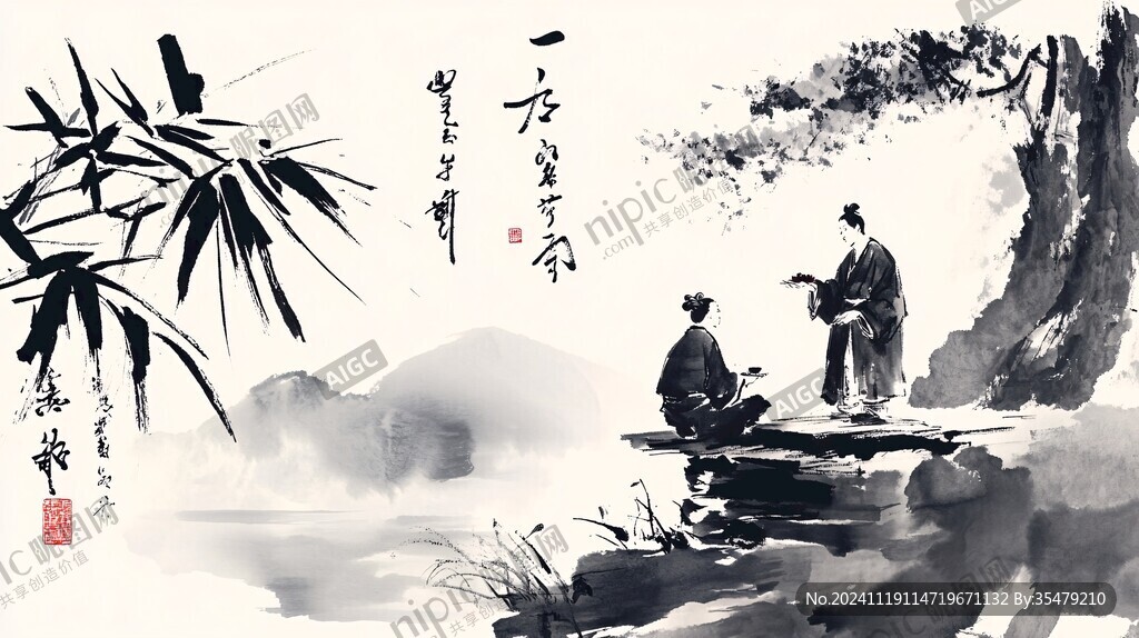 禪茶一味水墨畫