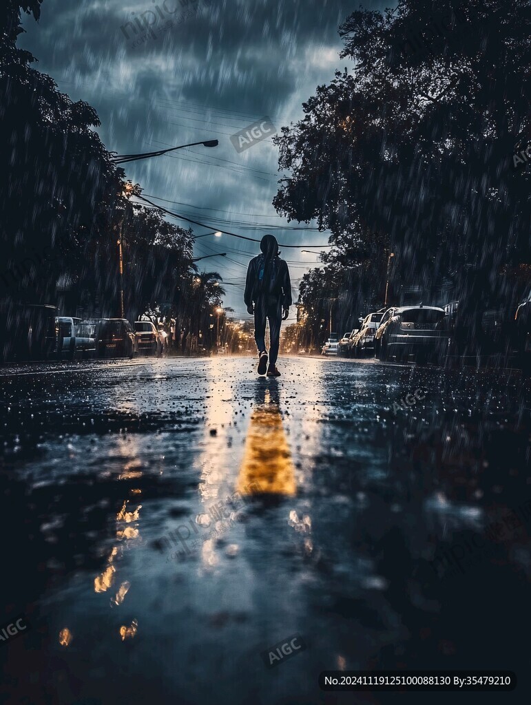 夜晚雨中行走的人