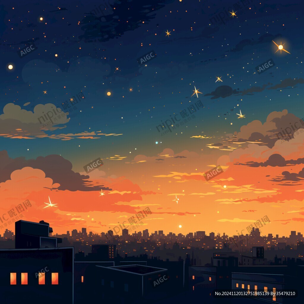 插畫城市夕陽