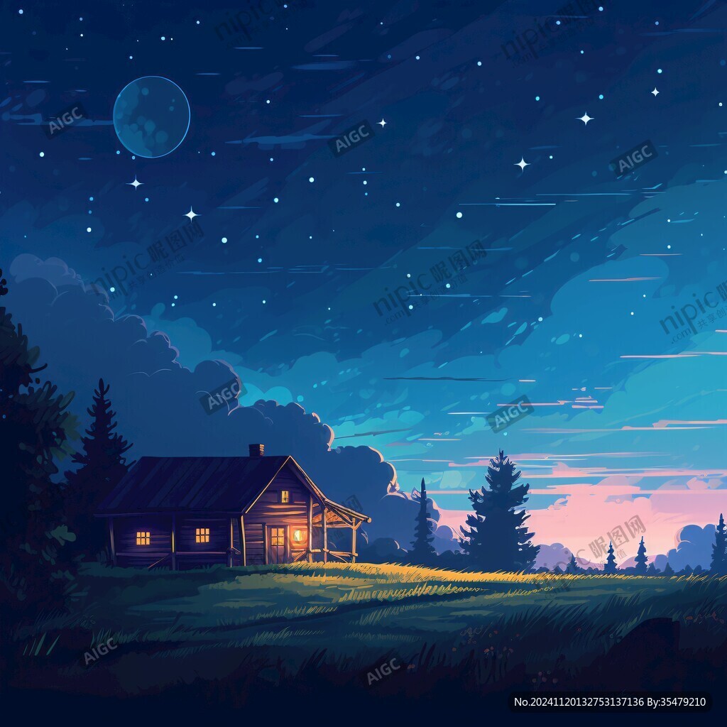 森林里的木屋夜景